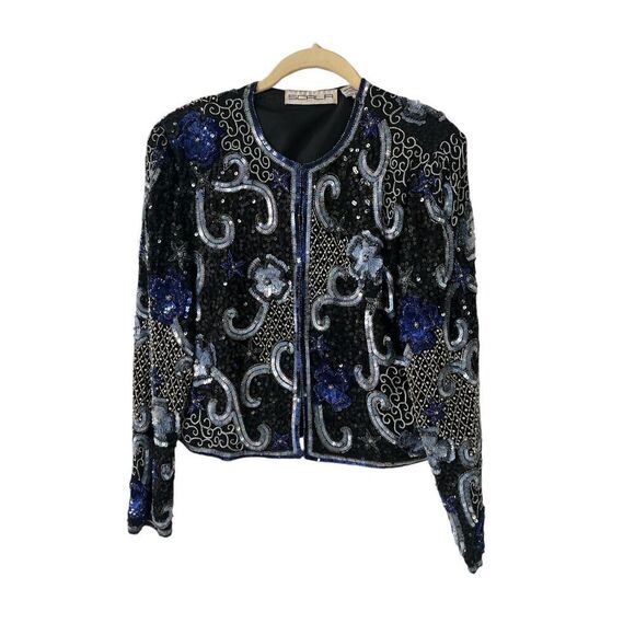 Vintage 90’s Scala sequin jacket blue & black sz Large - Picture 1 of 6